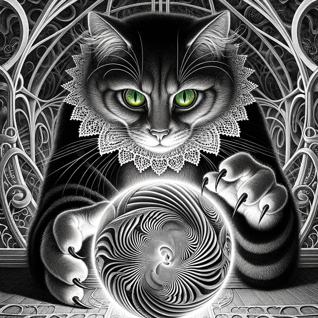 Whimsical Gothic Cat Studies Optical Illusion in Black and W...