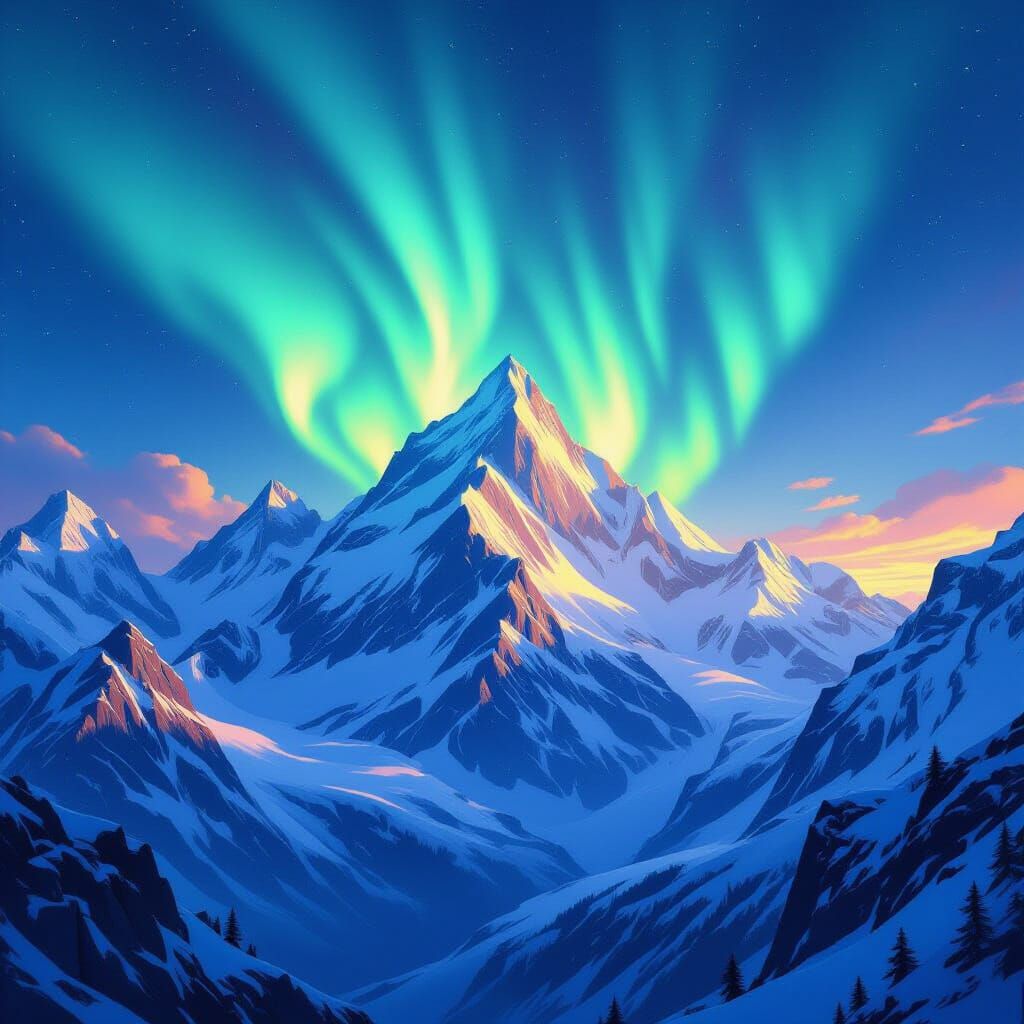 Majestic Snowy Mountains Under Vibrant Aurora Borealis