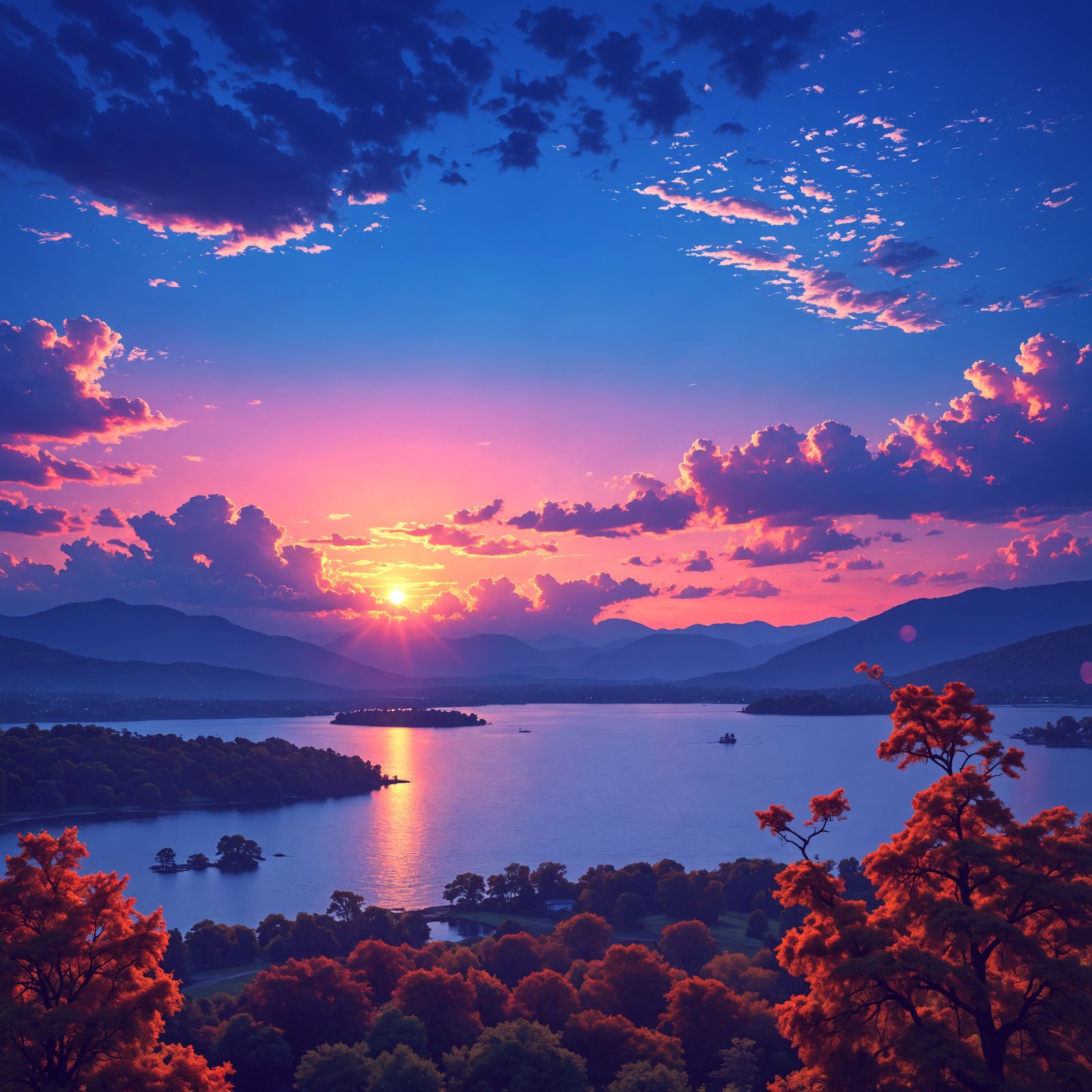 Dark Orange Sunset Silhouette by Lake