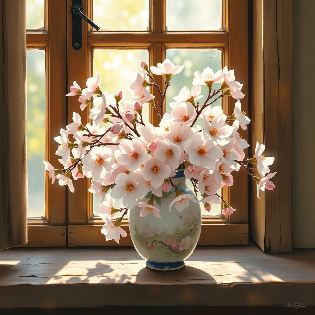 Cherry Blossoms in Vase: Impressionist Still Life