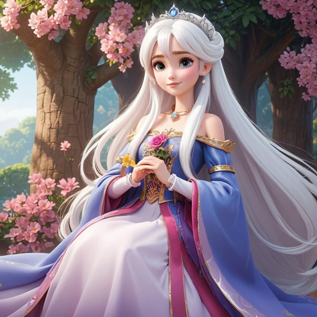 White-Haired Princess, Digital Art in Pixar Style