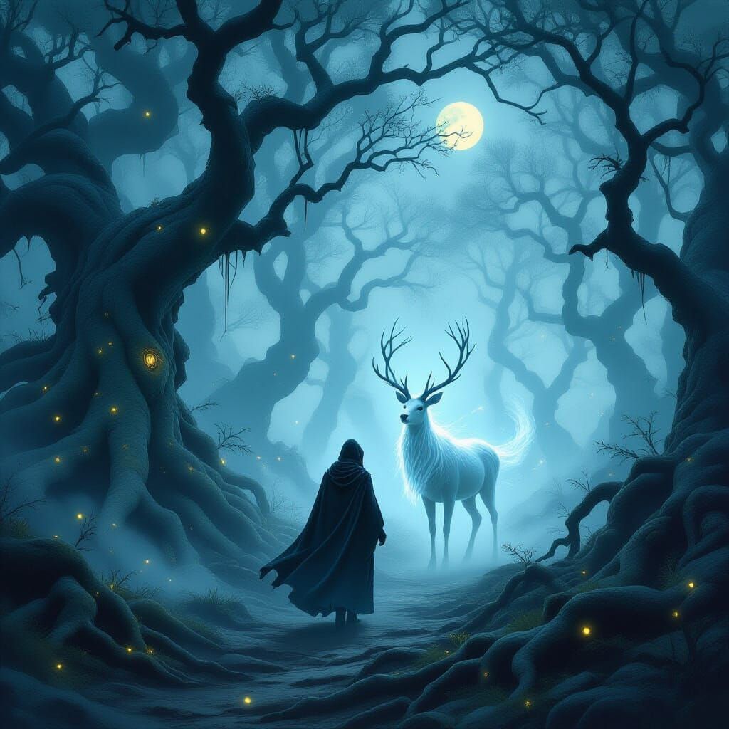 Ghostly Deer Leads Traveler Through Mystic Forest