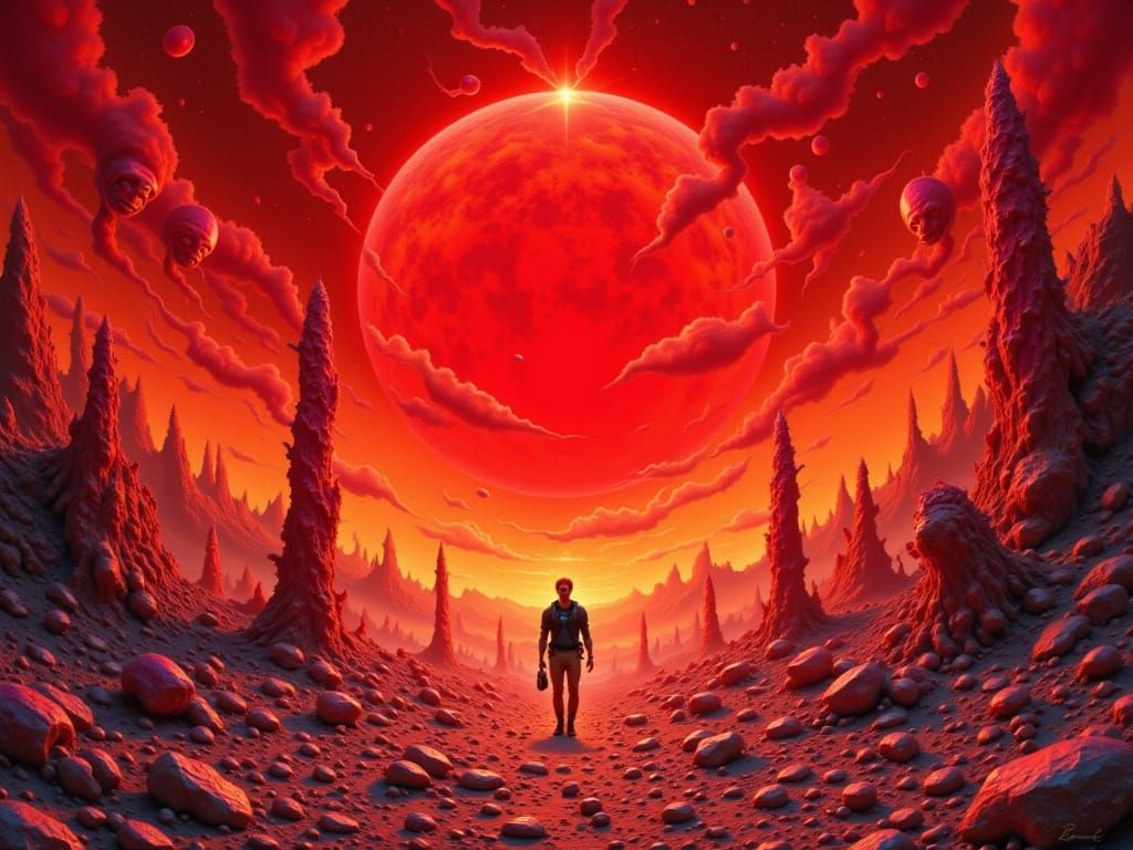 Alien Wanderer Finds Red Circle in Surreal Landscape