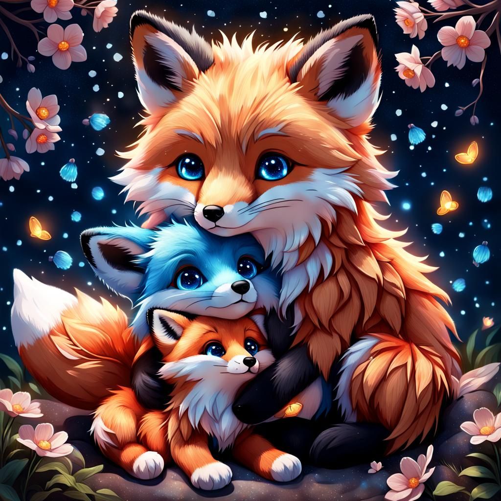 Adorable Fox Hugging Plushie in Magical Night Scene