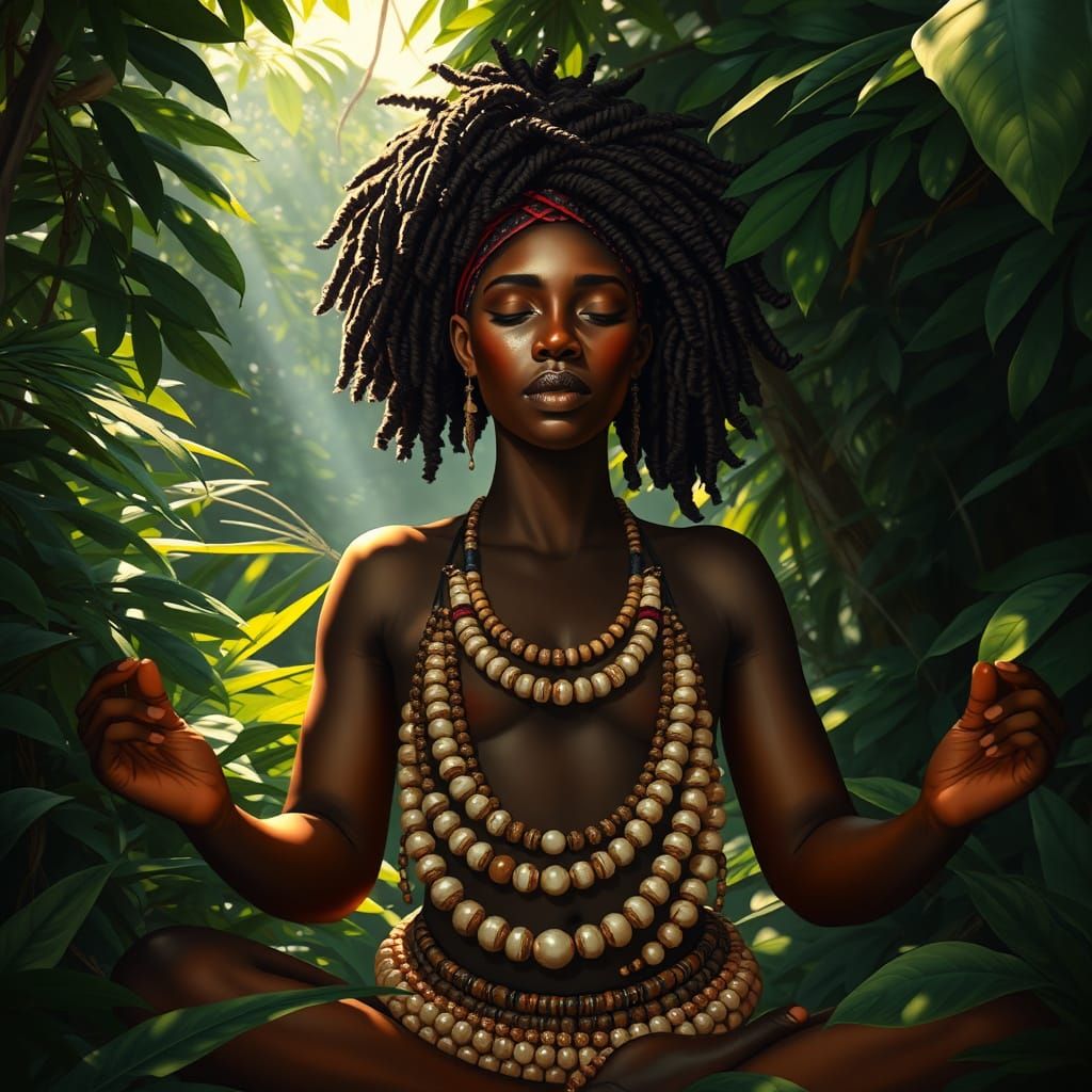 Ebony Queen Meditating in Jungle, Hyperrealism Style