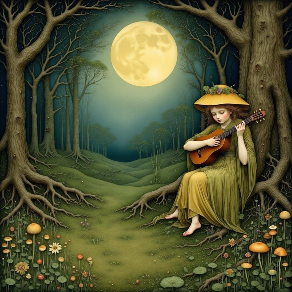 Enchanting Forest Sprite Playing Lute in Moonlit Glade