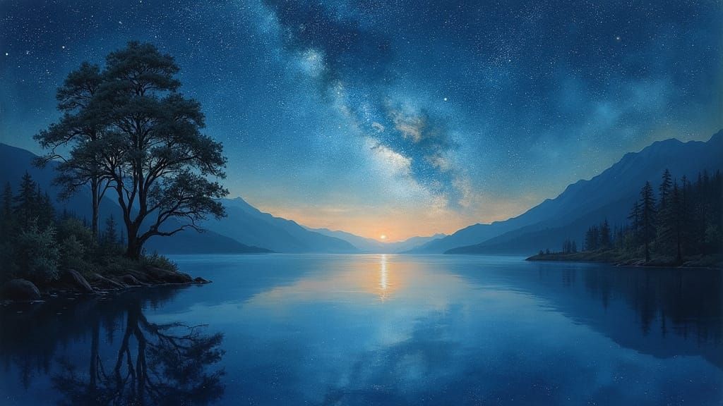 Surreal Landscape at Night in Dreamy Watercolor Style