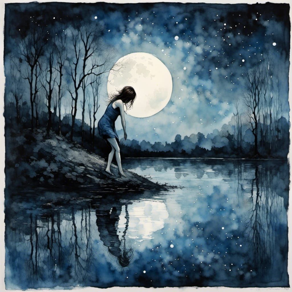 Girl Swimming in Moonlit Lake