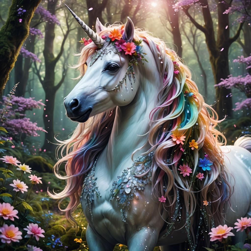 Kawaii Unicorn in Ethereal Forest, Oil Painting