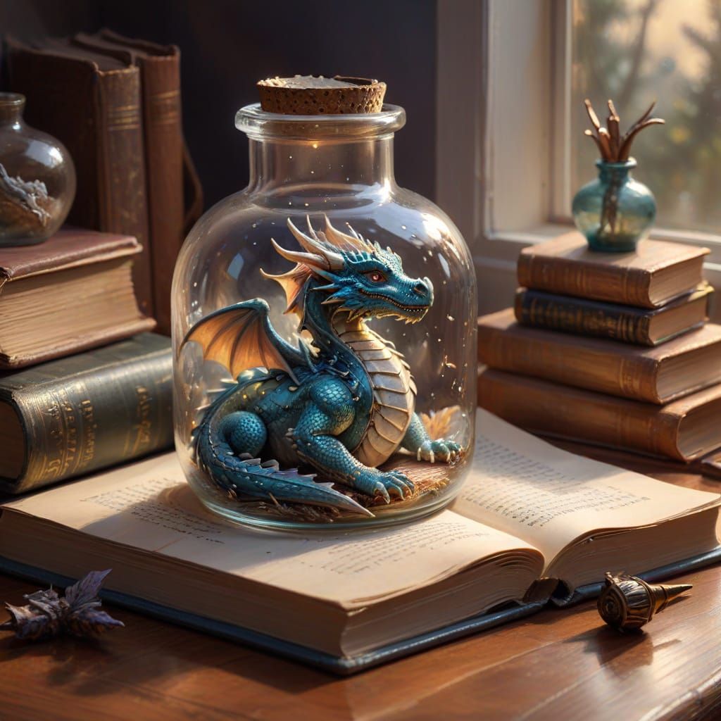 Miniature Dragon Asleep in a Bottle Oil Painting