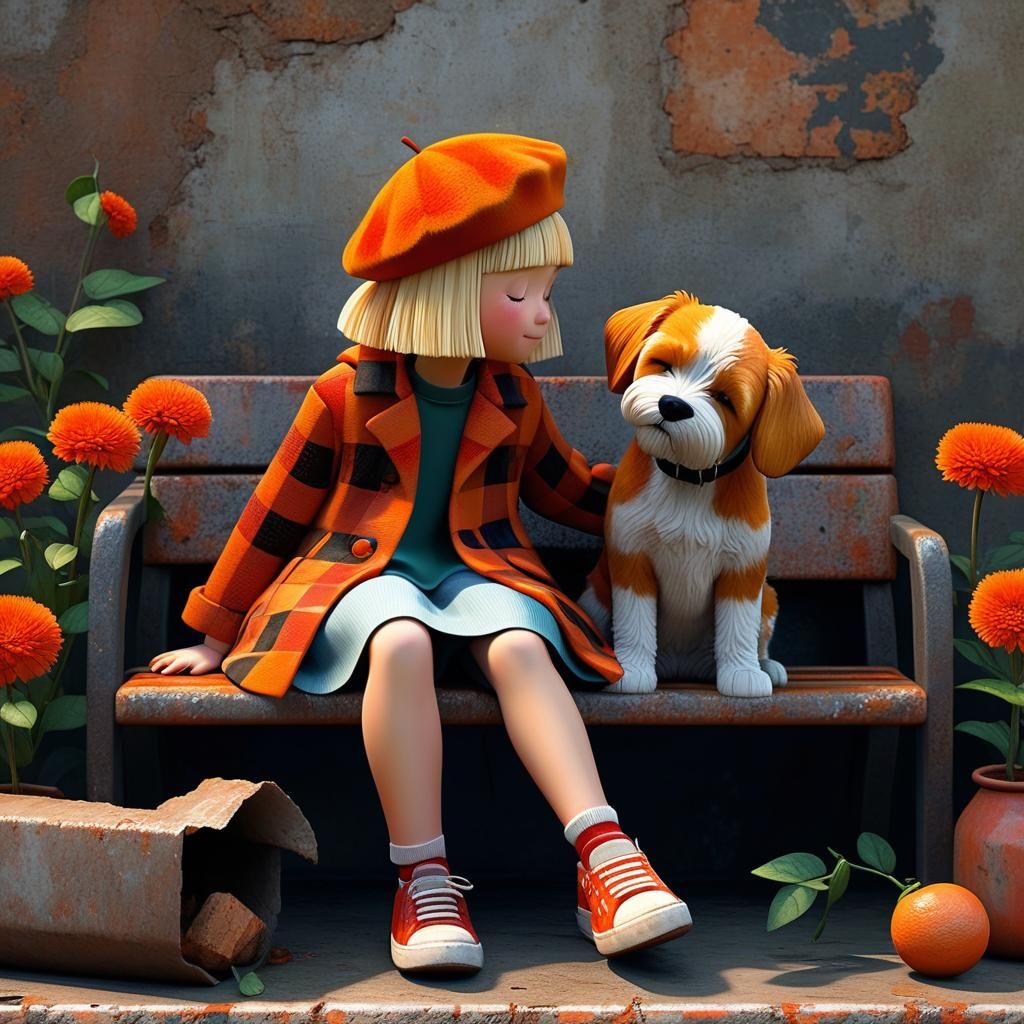 little thin girl with messy blond hair, a little orange beret, Red and orange checkered coat, red sneakers, sitting on a...