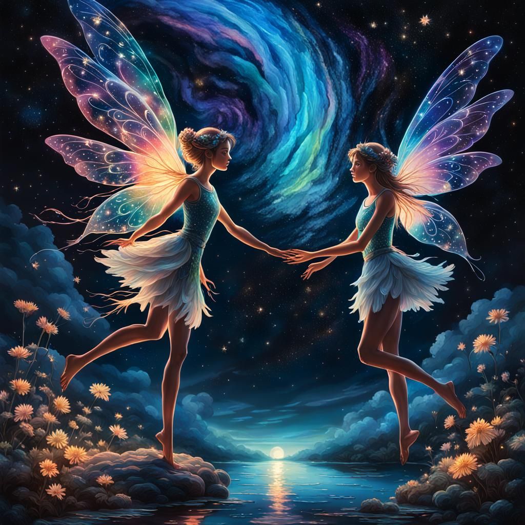 Luminescent Fairies Under Starry Night Sky