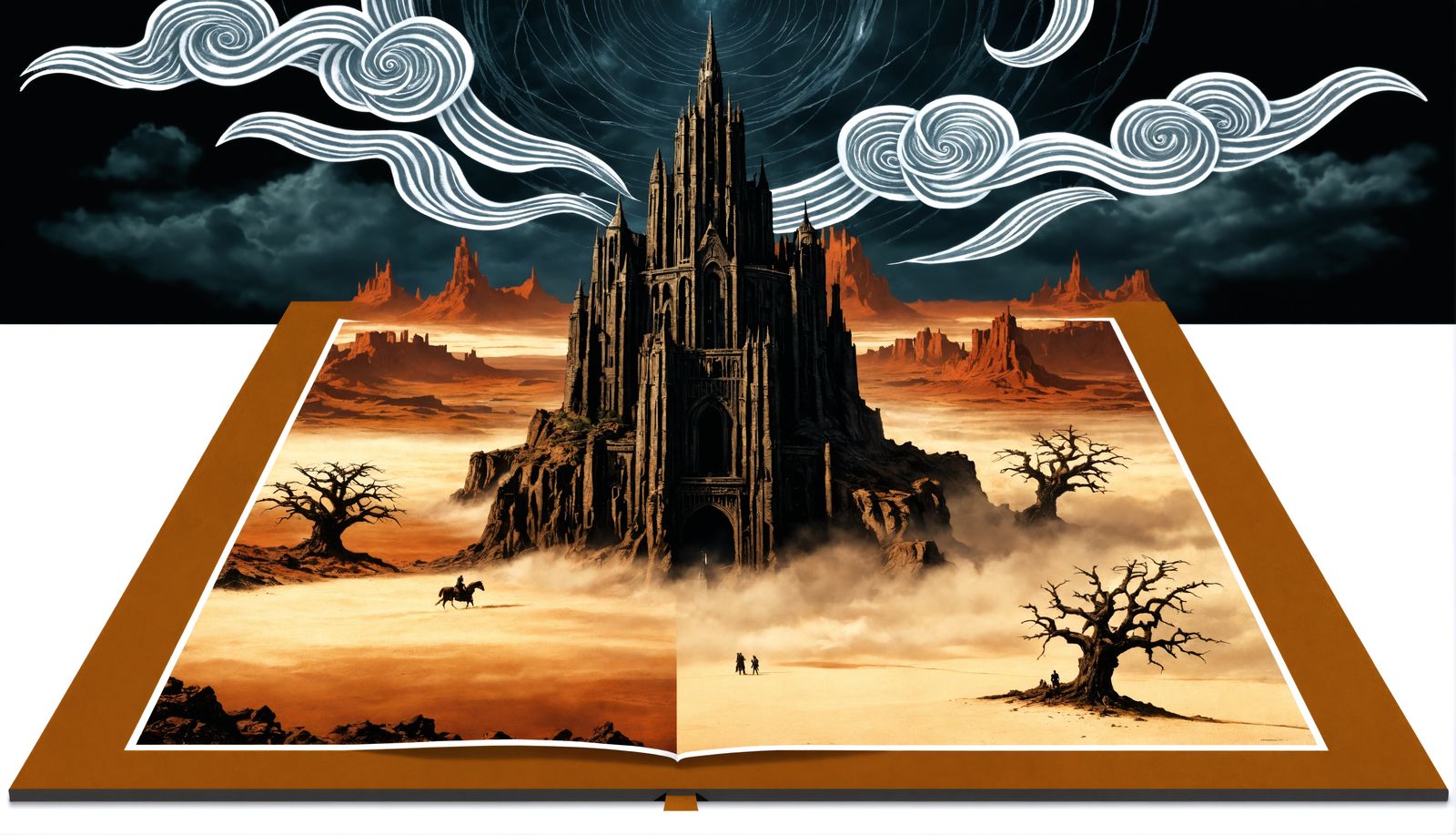 Ominous Tower in Desolate Land: Pop-Up Book Illustration