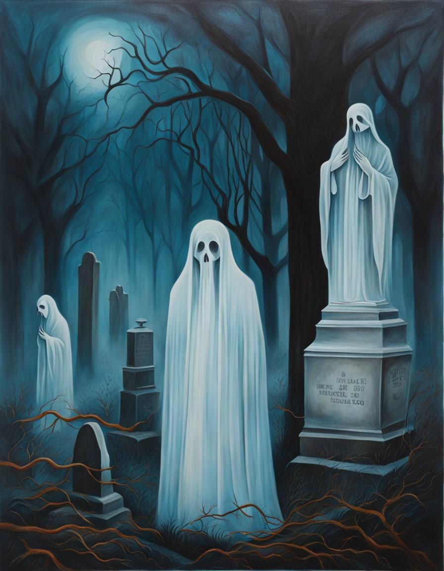 Eerie Ghosts in Graveyard Double Exposure, Acrylic Painting