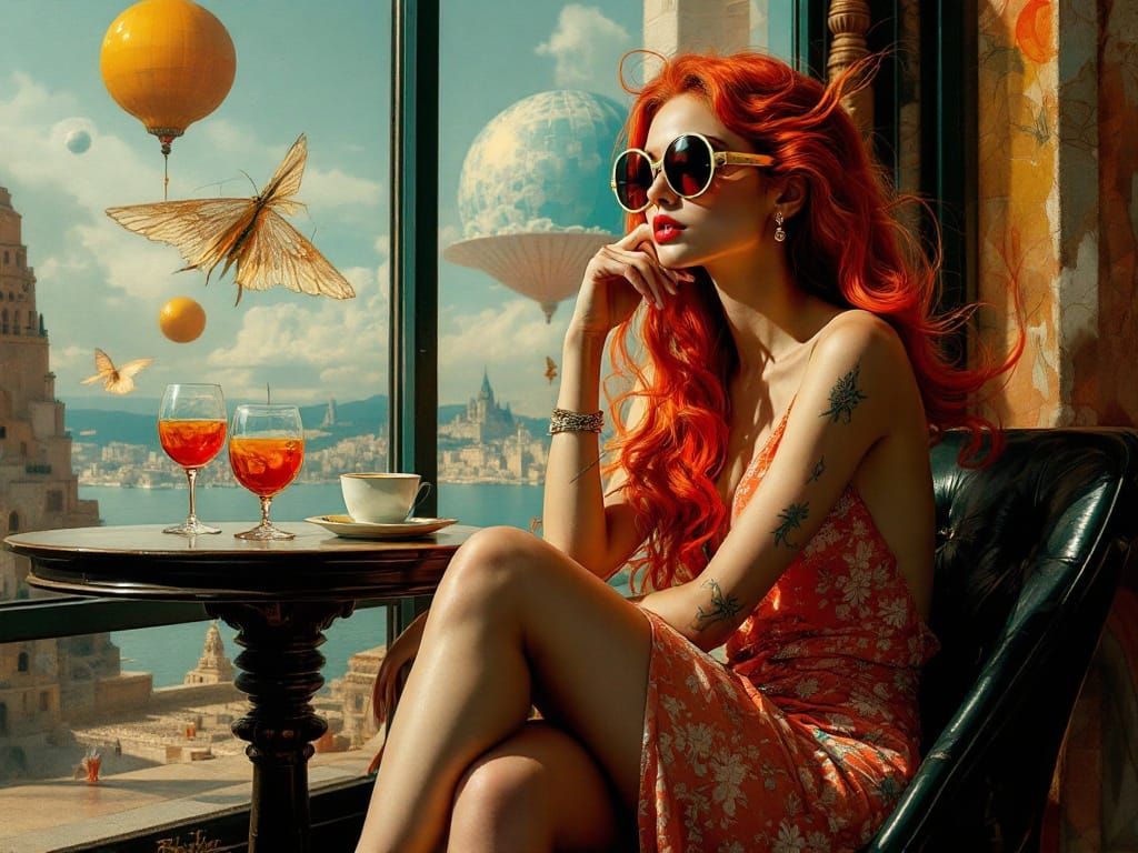 Ethereal Woman in Dreamlike Café Setting