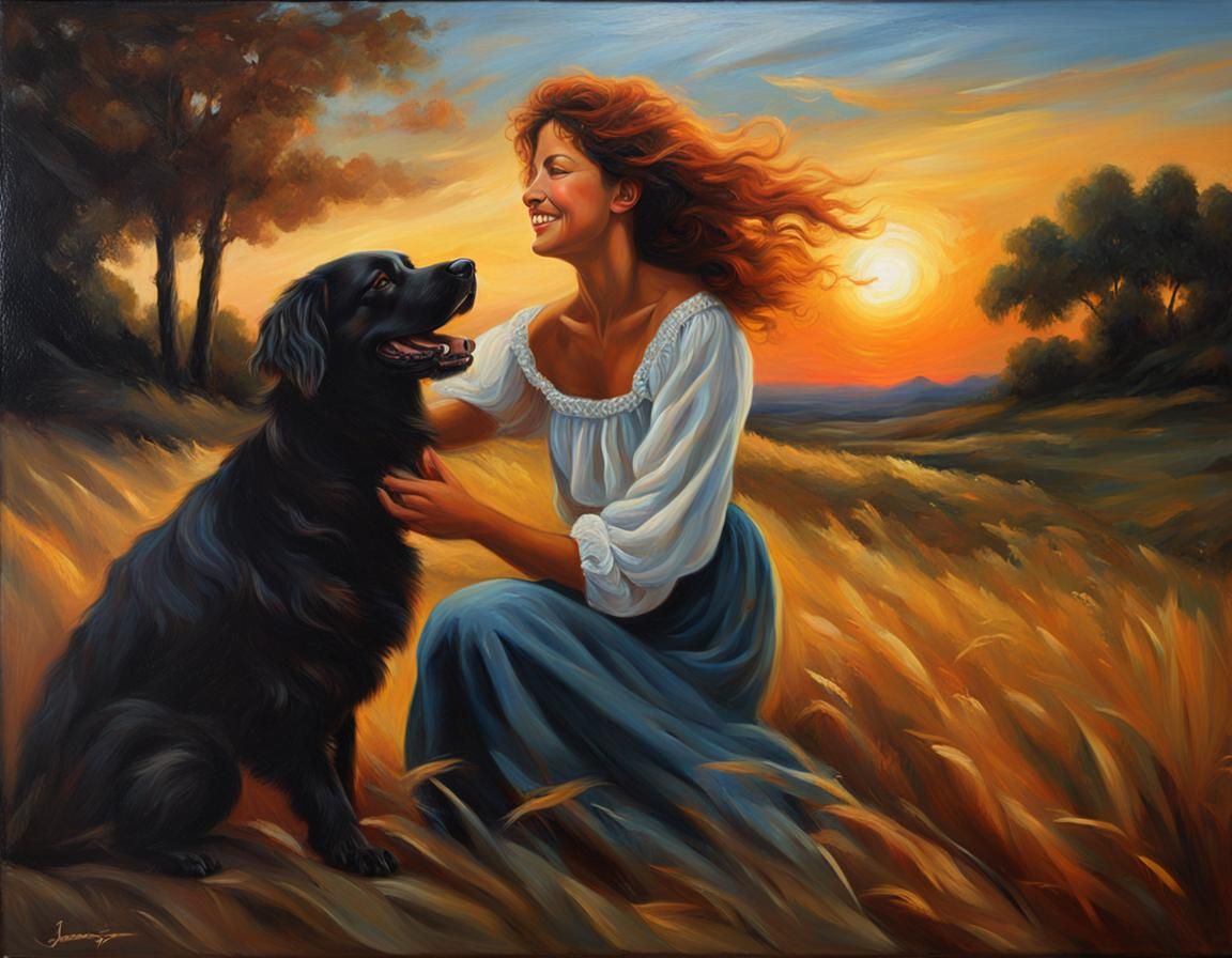 Woman with Dog at Sunset in Baroque Oil Painting