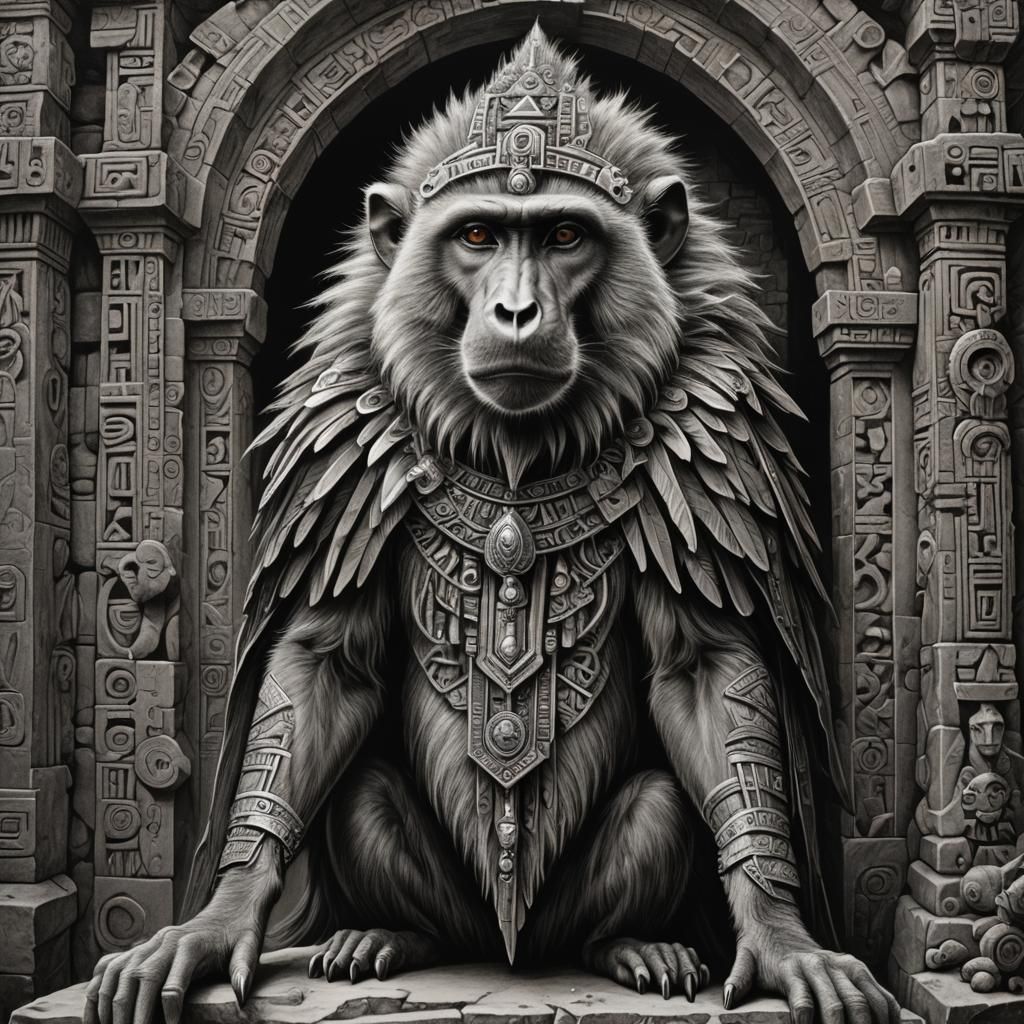 Baboon Wizard in Aztec Ruins: Charcoal Drawing