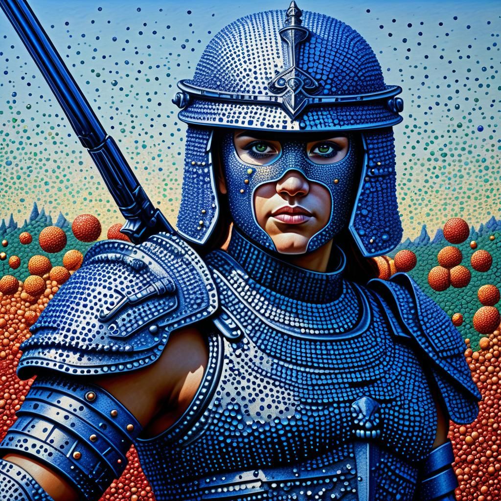 Centauress Armed for Battle in Pointillism Style