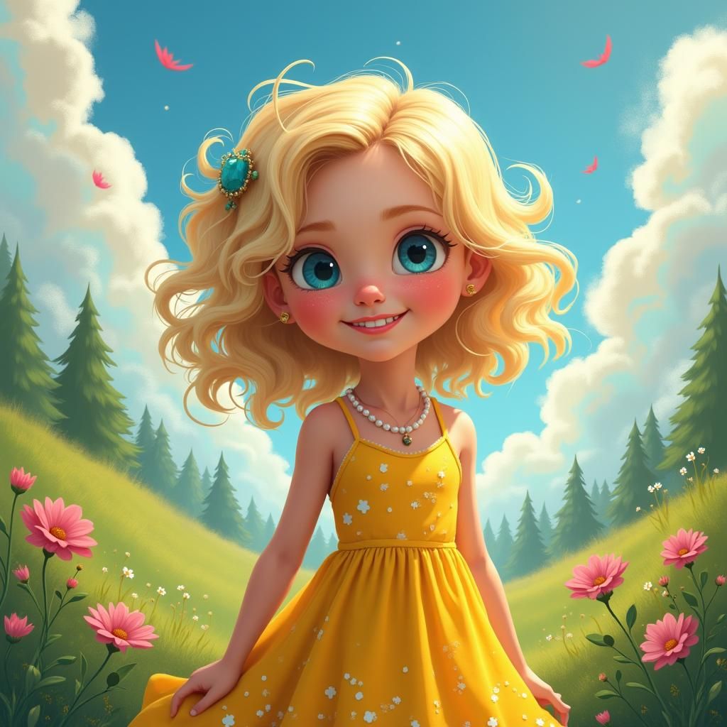 Whimsical Girl with Blonde Hair and Blue Eyes
