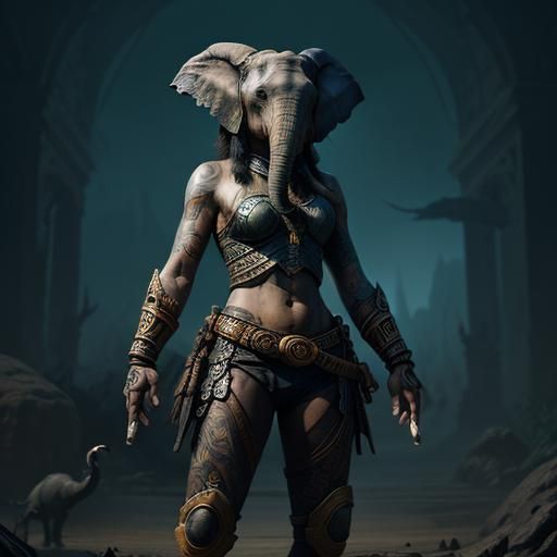 Elephant-Headed Tattooed Warrior: Fantasy Concept Art