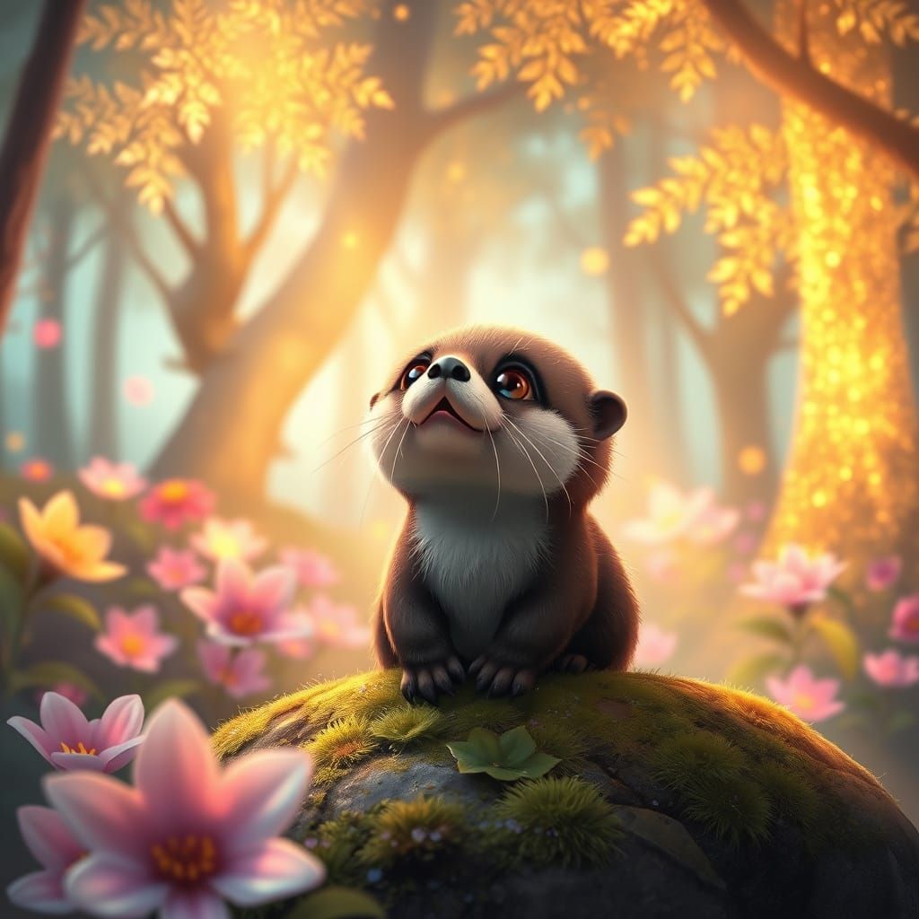Whimsical Otter in Enchanted Forest with Vibrant Flowers and...