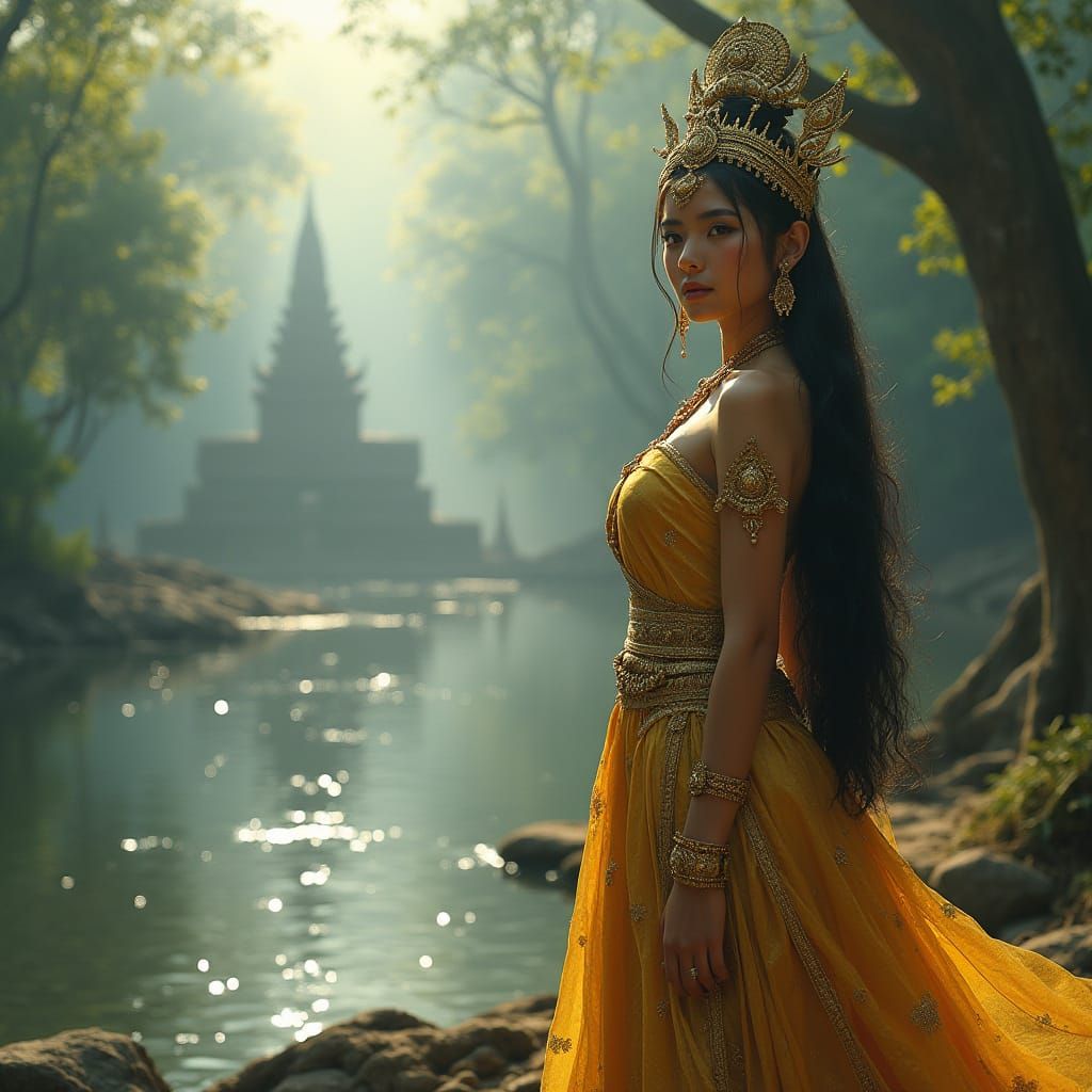 Ancient Champa Princess in Misty Jungle Landscape