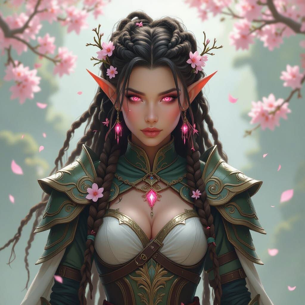 High Elf Warrior with Cherry Blossom Dreads and Pink Eyes