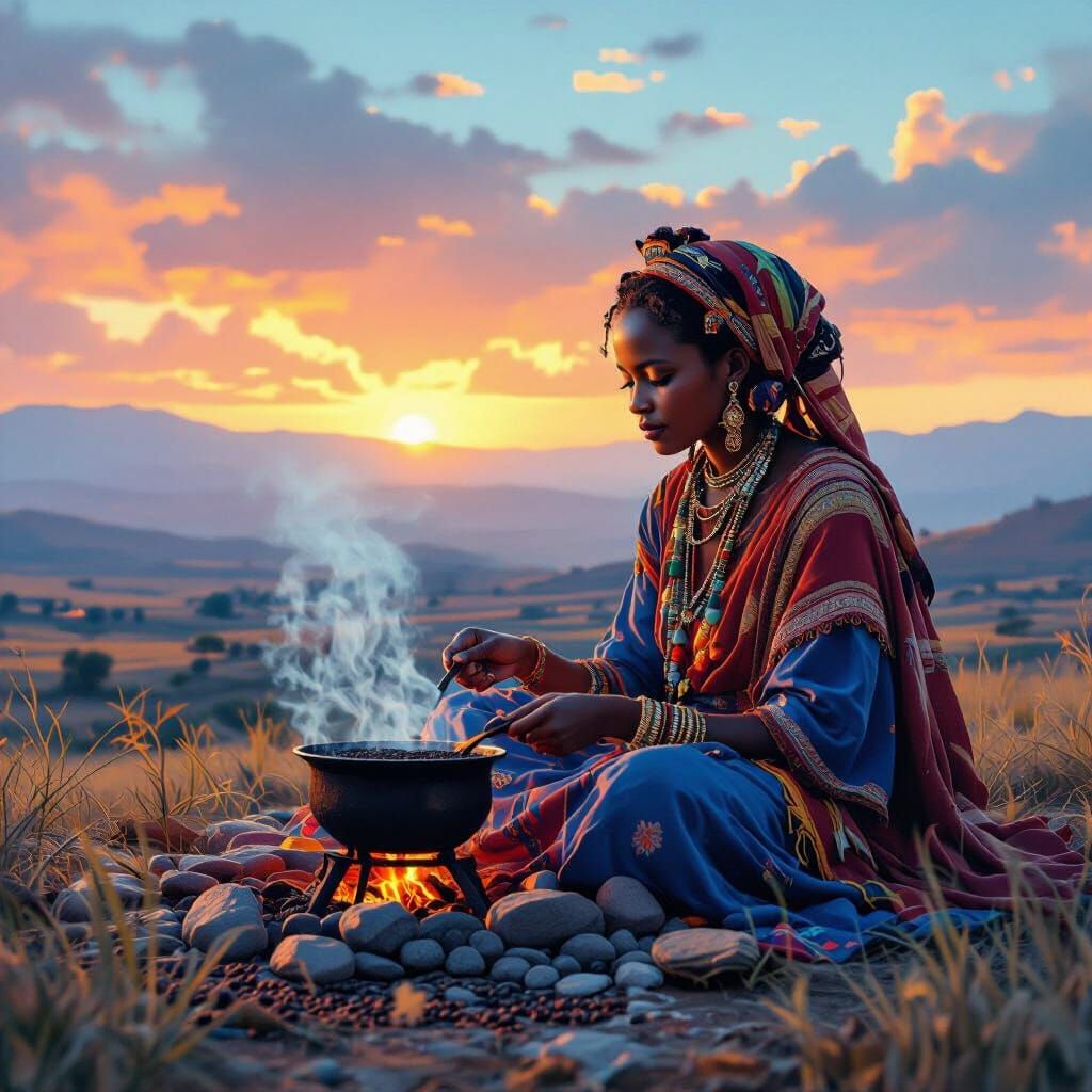 Oromo Girl Roasting Coffee in Ethereal Landscape