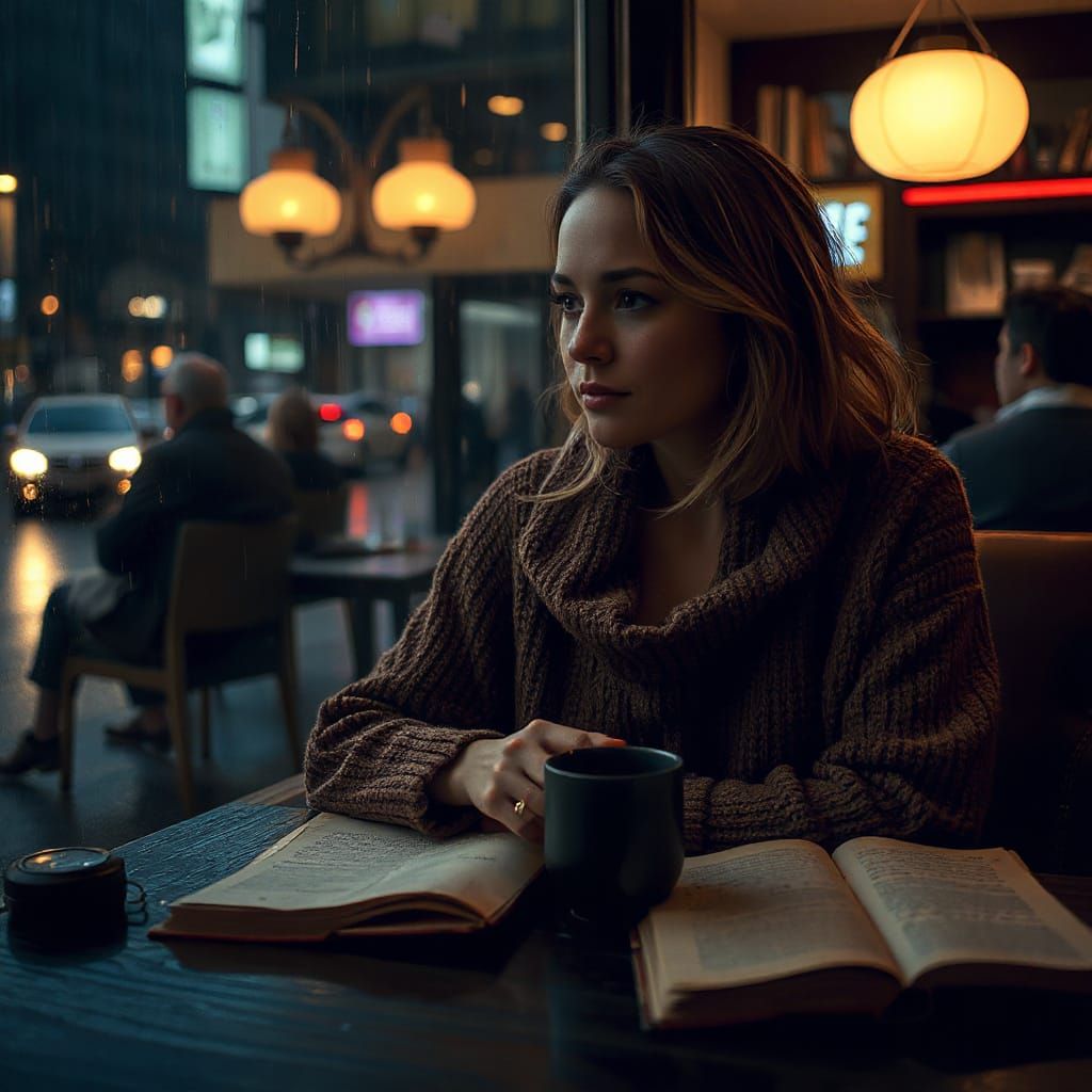 A Sorrowful Woman Lost in Thought in a Rainy Café