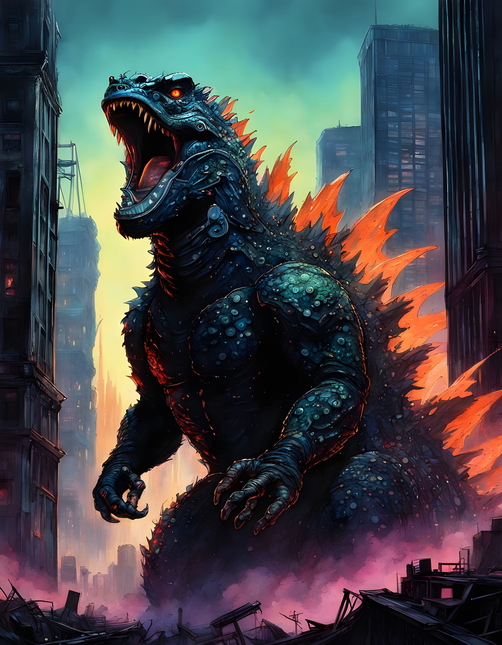 Godzilla in Hyperrealistic Post-Apocalyptic London Scene