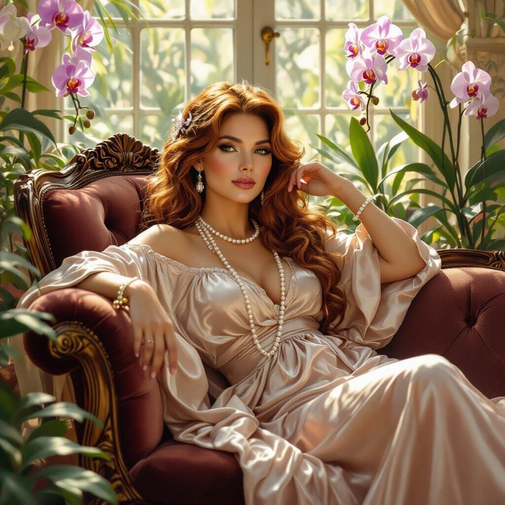 Lioness in Conservatory as Pre-Raphaelite Painting