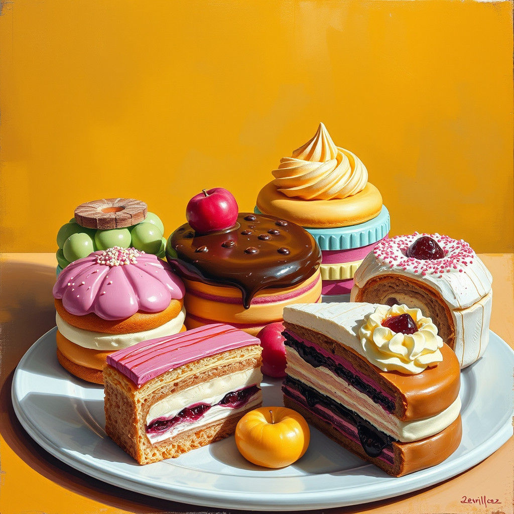 Whimsical Pastries Still Life, Vibrant Art