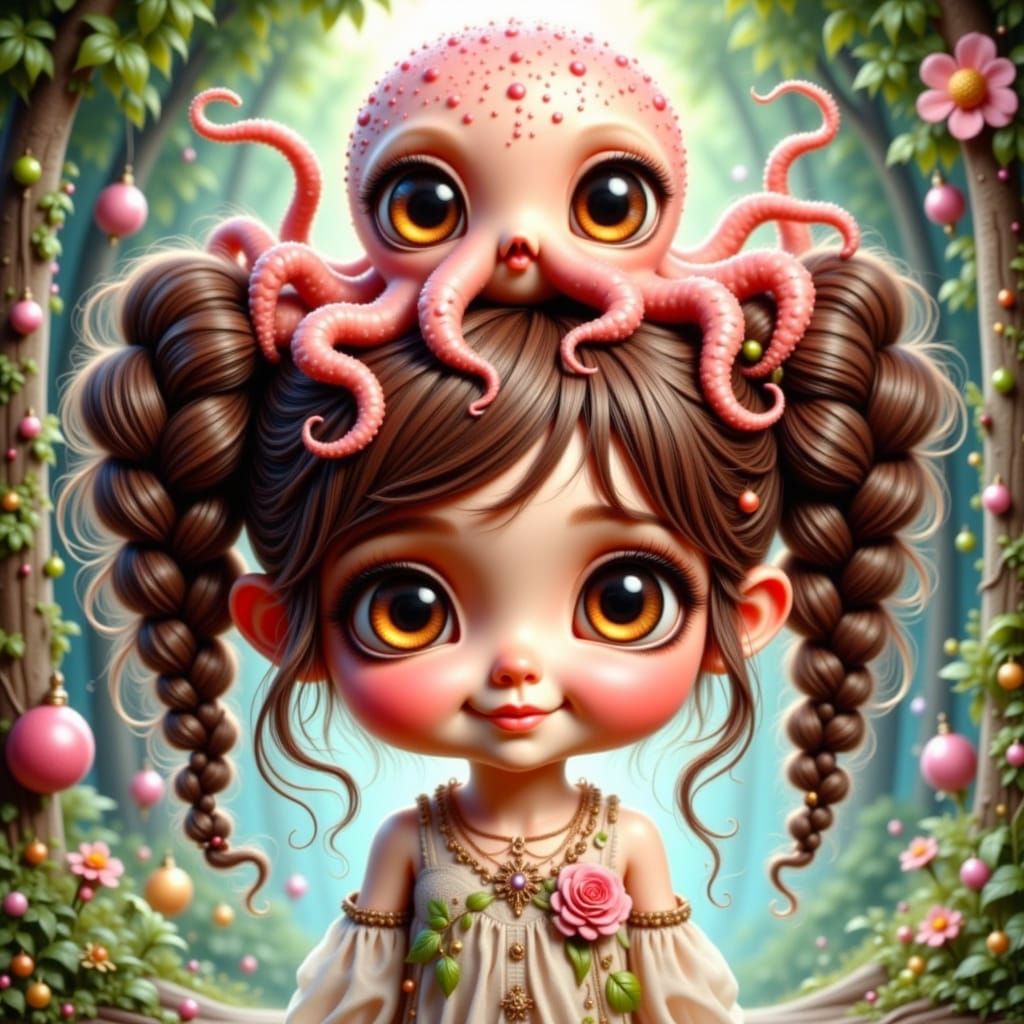 Cute Chibi Child Plays with Whimsical Octopus