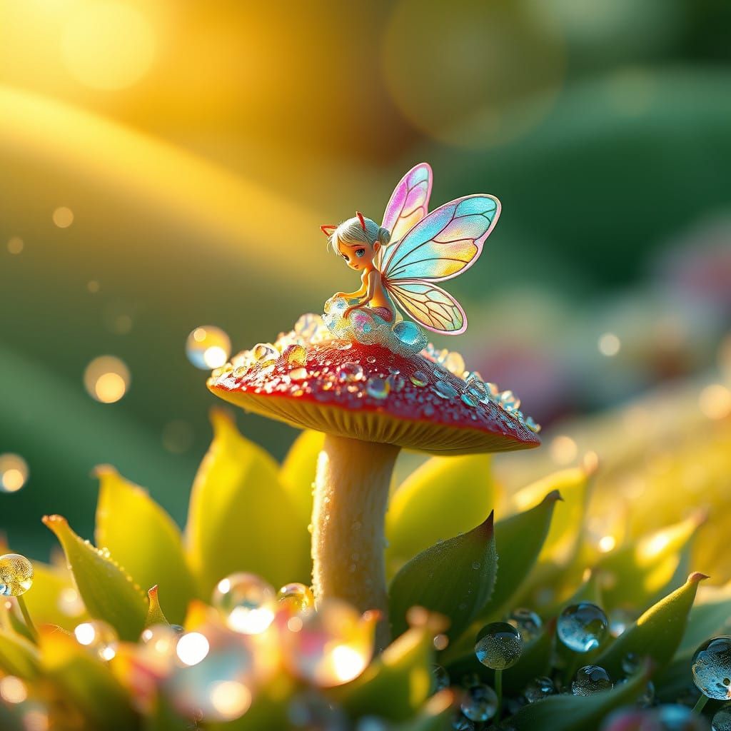 Fantastical Fairy on Emerald Mushroom in Candy Art Style