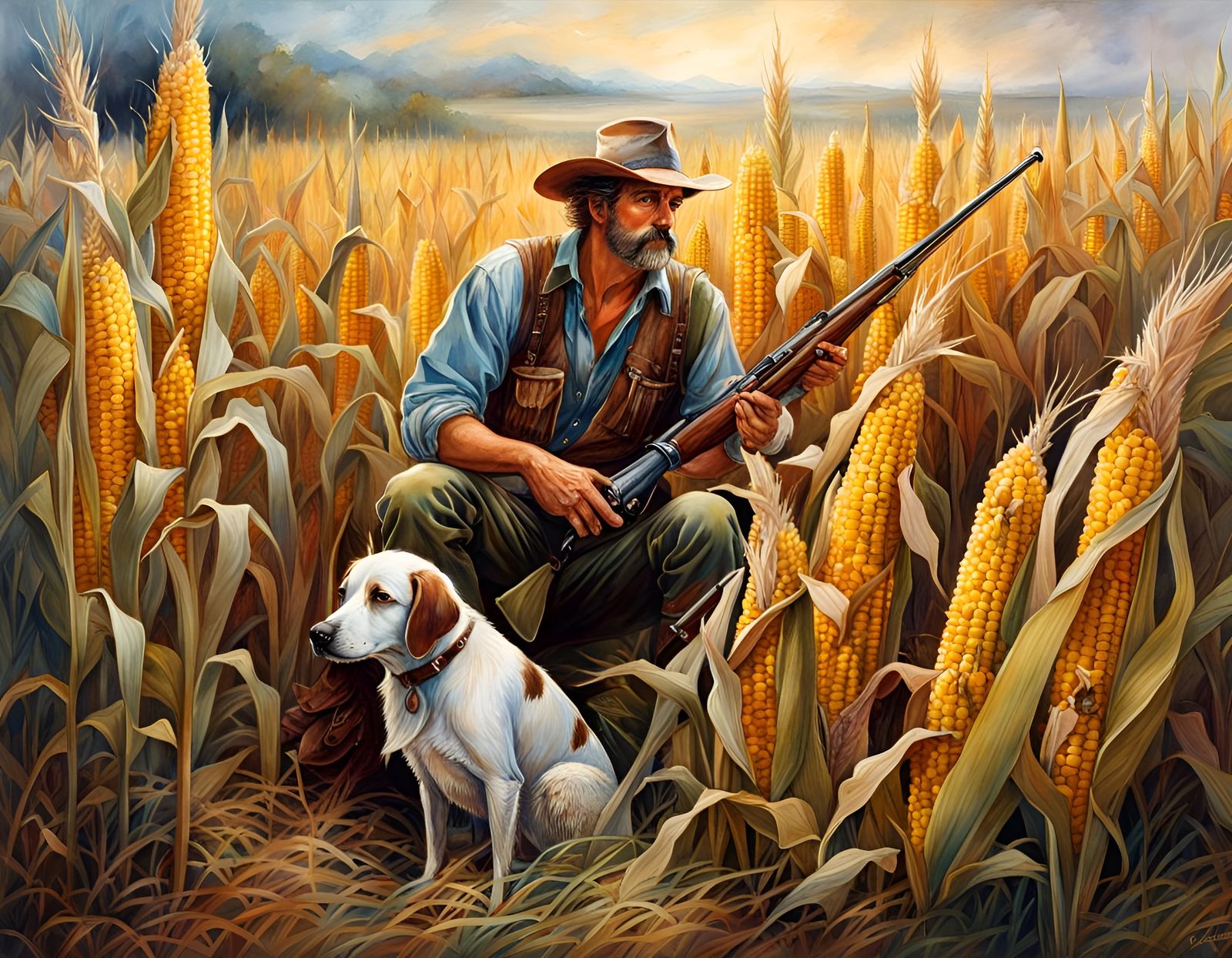 Quail Hunt: Folk Art Watercolor of Man and Dog