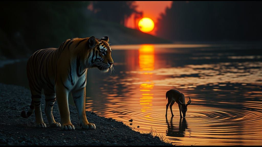 Majestic Tiger in Serene River Landscape at Sunset