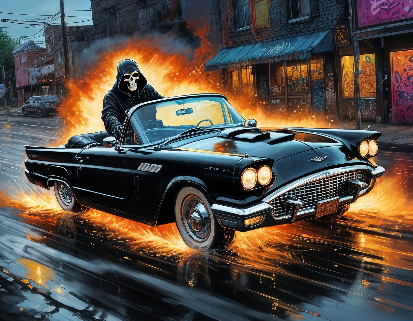 Grim Reaper Drives a Black Thunderbird in Graffiti Art