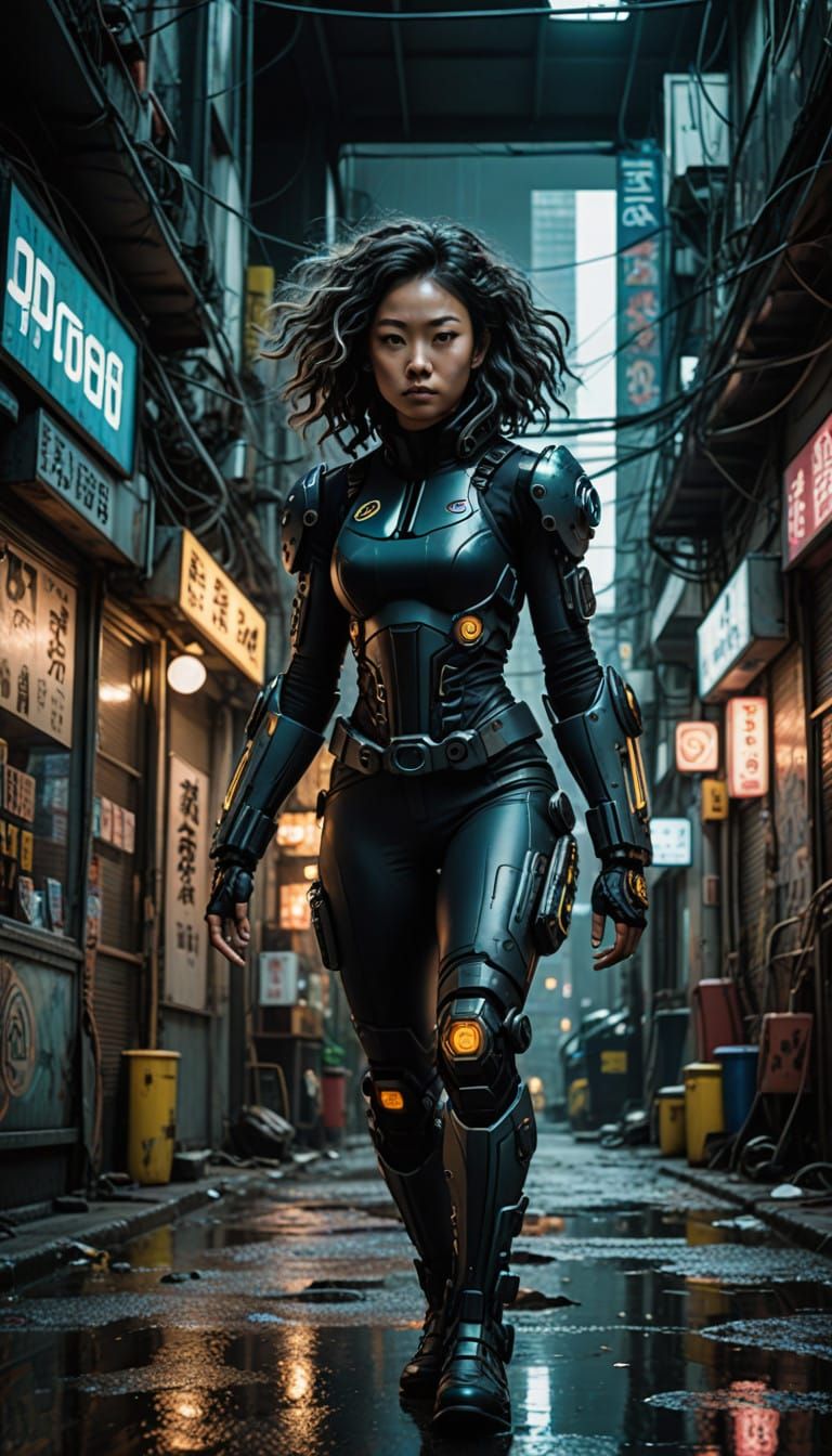 Cyberpunk Cyborg Woman Leaps Through Post-Apocalyptic City i...