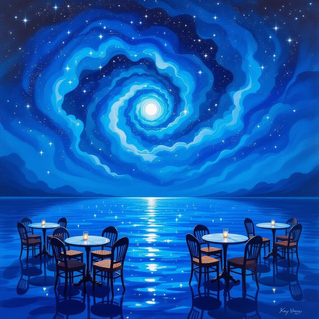Surreal Night Sky of Swirling Water and Cafe Tables