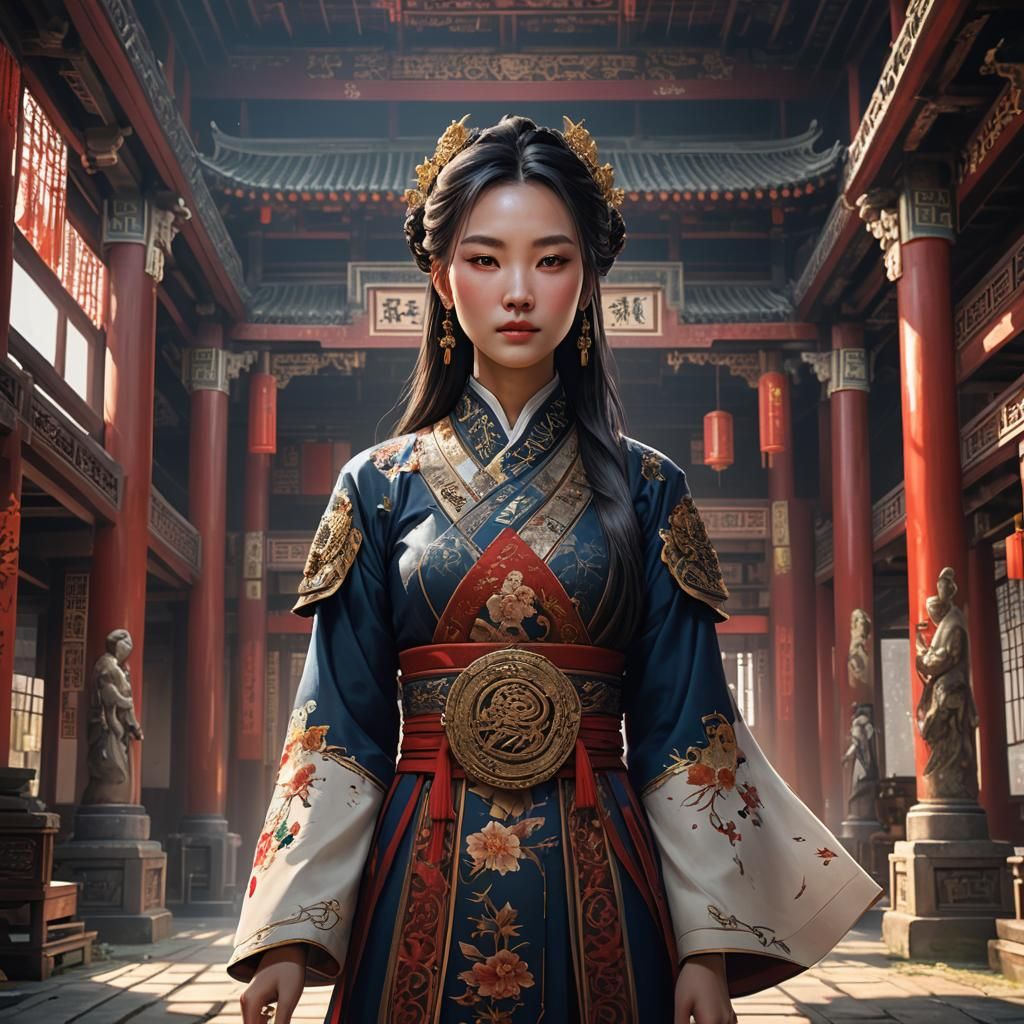 Donghua Girl in Ancient Hall, Detailed Digital Painting