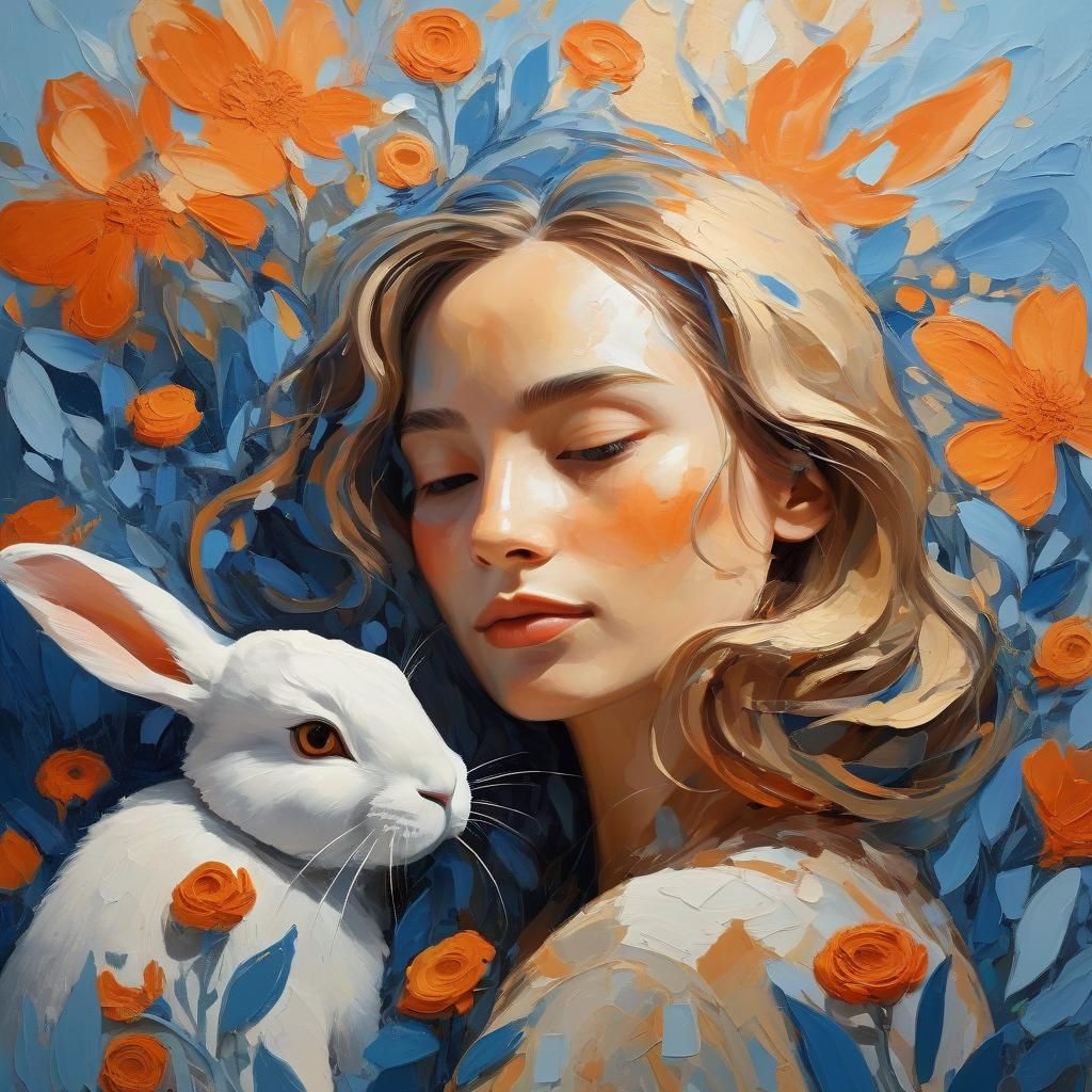 Woman and Rabbit Embrace in Abstract Expressionism