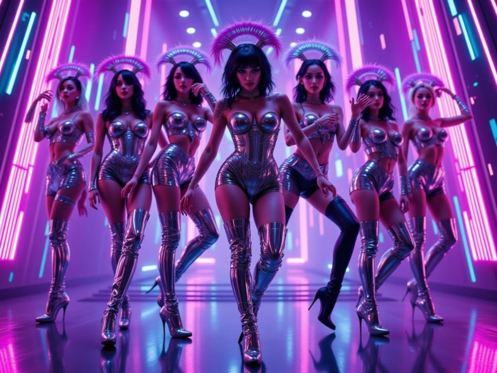 Cyberpunk Showgirls Dance with Hologram Feathers
