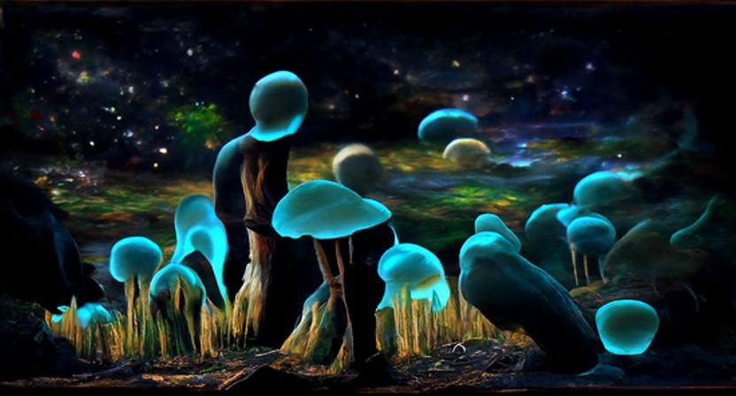 Cosmic Bioluminescent Mushroom Forest Photograph