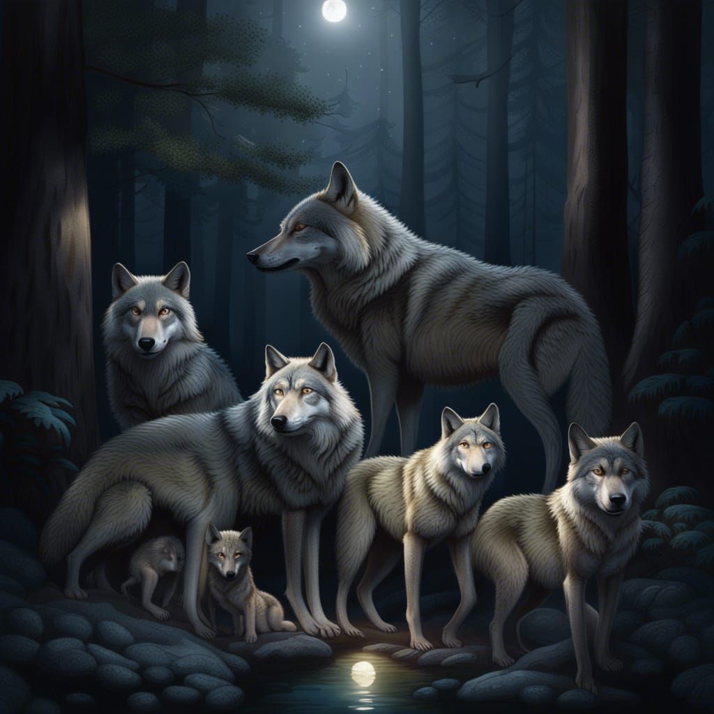 Werewolf Family in Moonlit Forest, Hyperrealistic Art