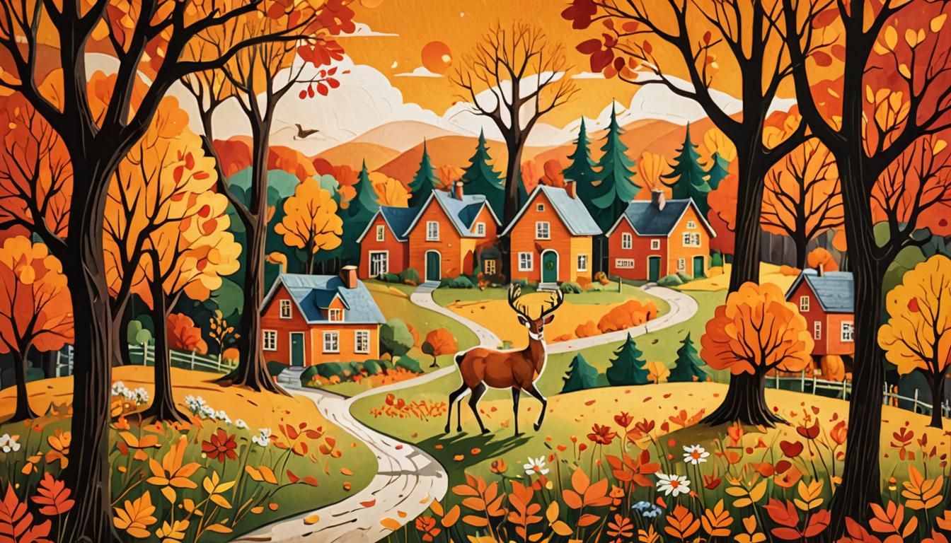 Vibrant Autumn Landscape Illustration on Textured Paper
