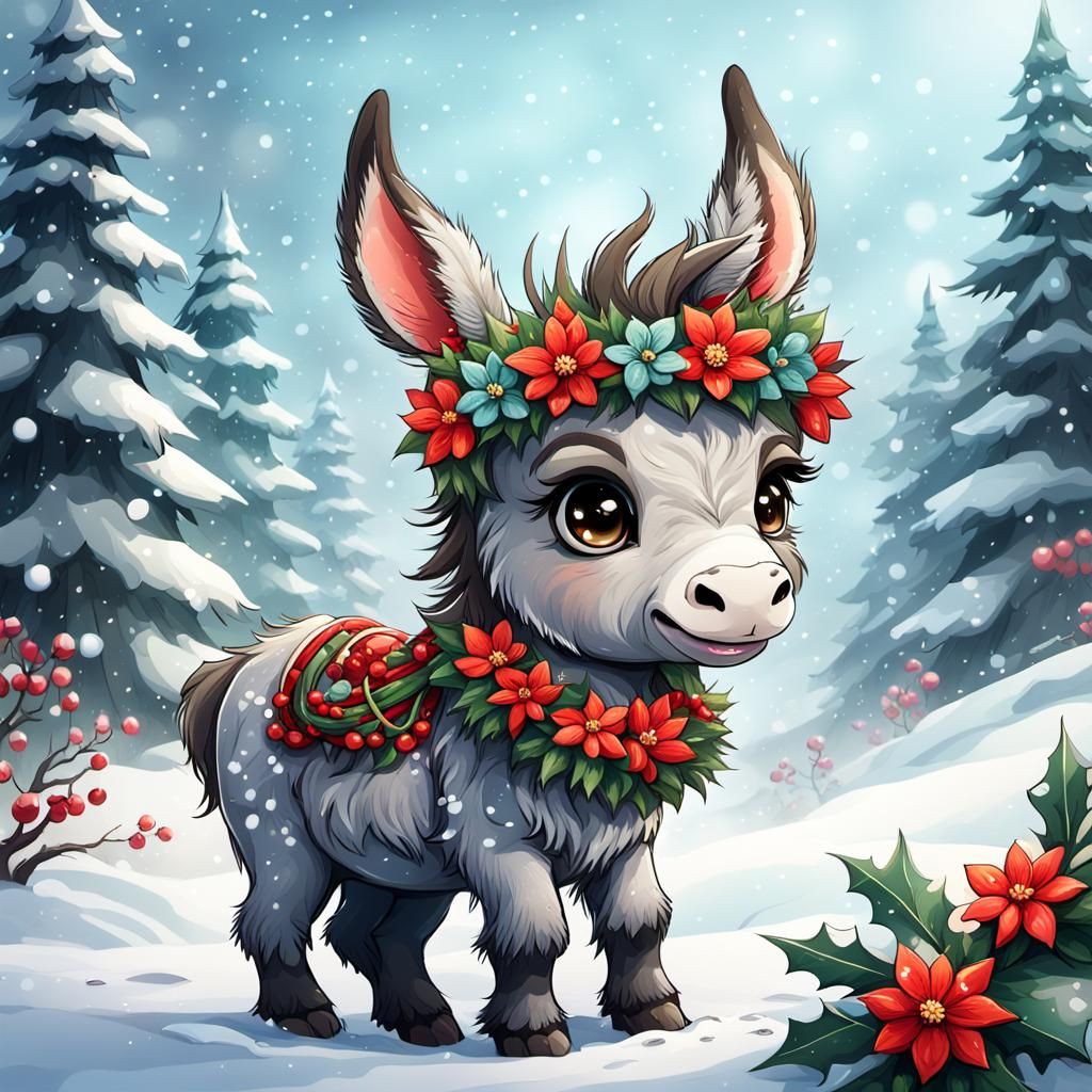Chibi Donkey in Winter Wonderland with Christmas Crown