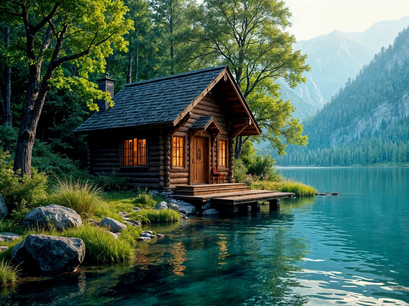 Hyperrealistic Cabin by Lake in Splash Art Style