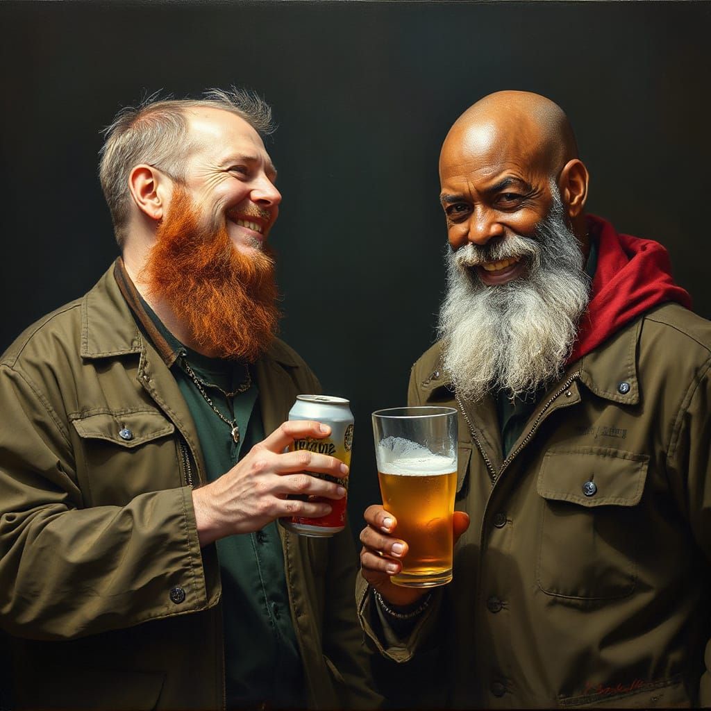 Veterans Sharing Beer in Ominous Impasto Style