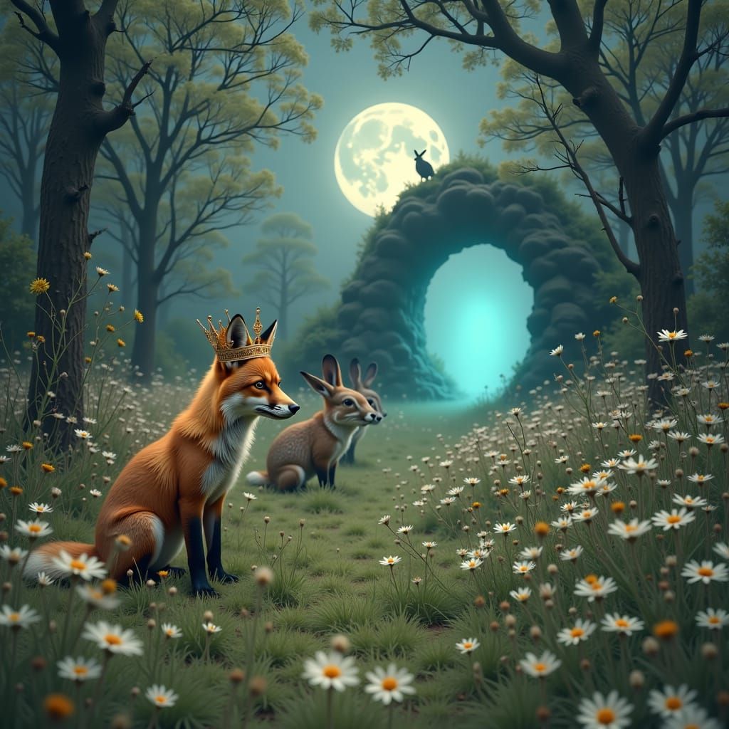 Fox King Leads Woodland Creatures Through Moonlit Meadow