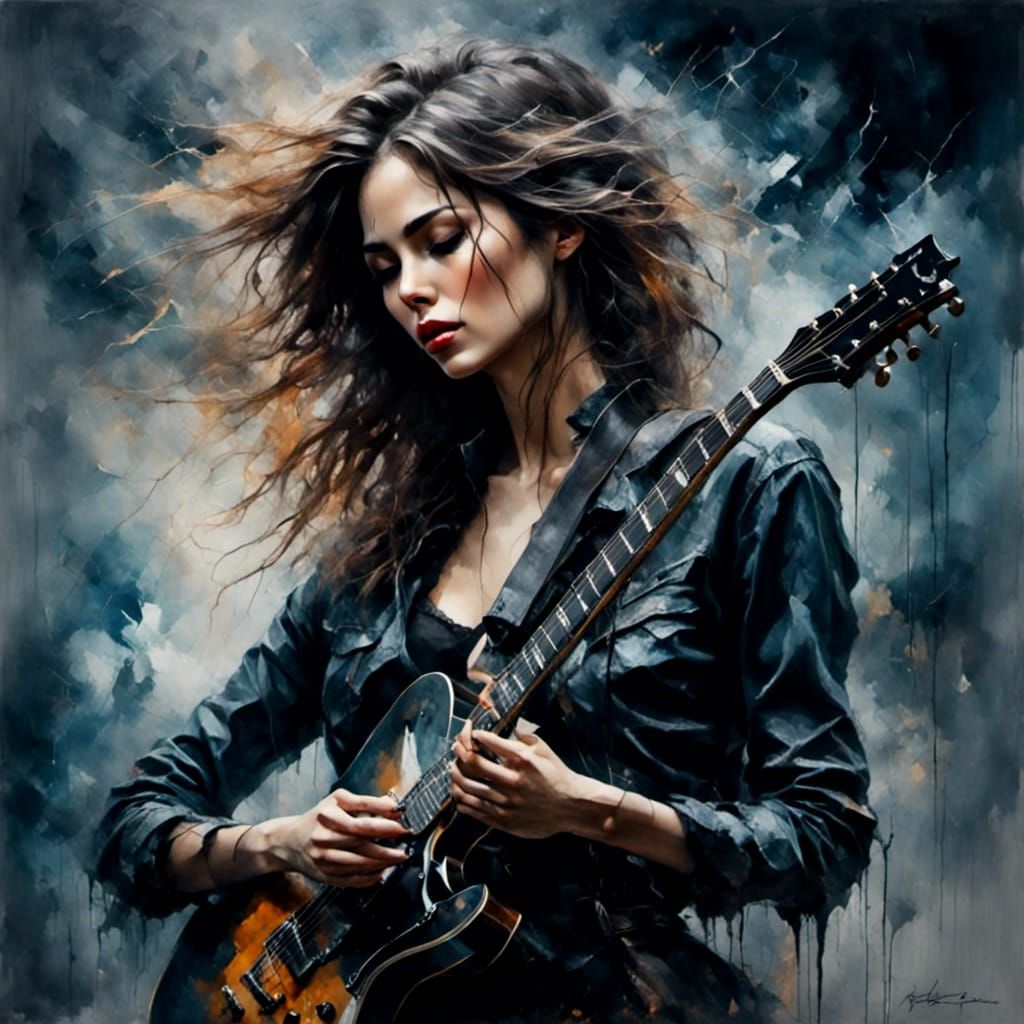 Rock Girl Headbanging with Guitar in Rainy Storm